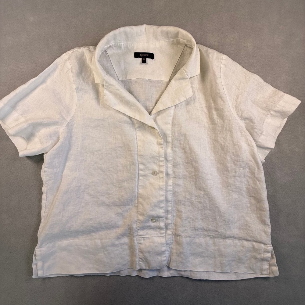 Quince Women White 100% European Linen Short Sleeve Collar Shirt Clean Girl M
